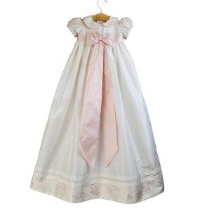 Marco and Lizzy Embroidered Pink and White Christening Gown with Bonnet