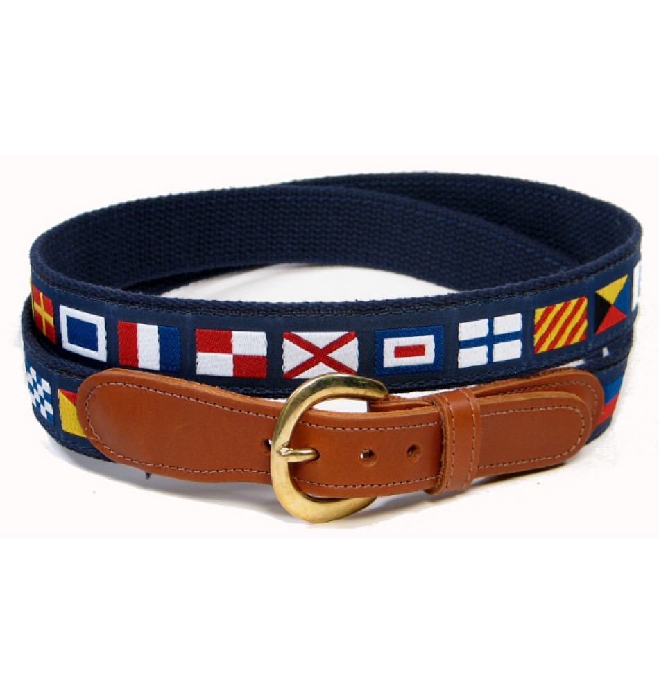 Preston Leather Nautical Code Flag Ribbon Belt Natural Web Sizes 30 to 50 FREE Matching Key Ring 